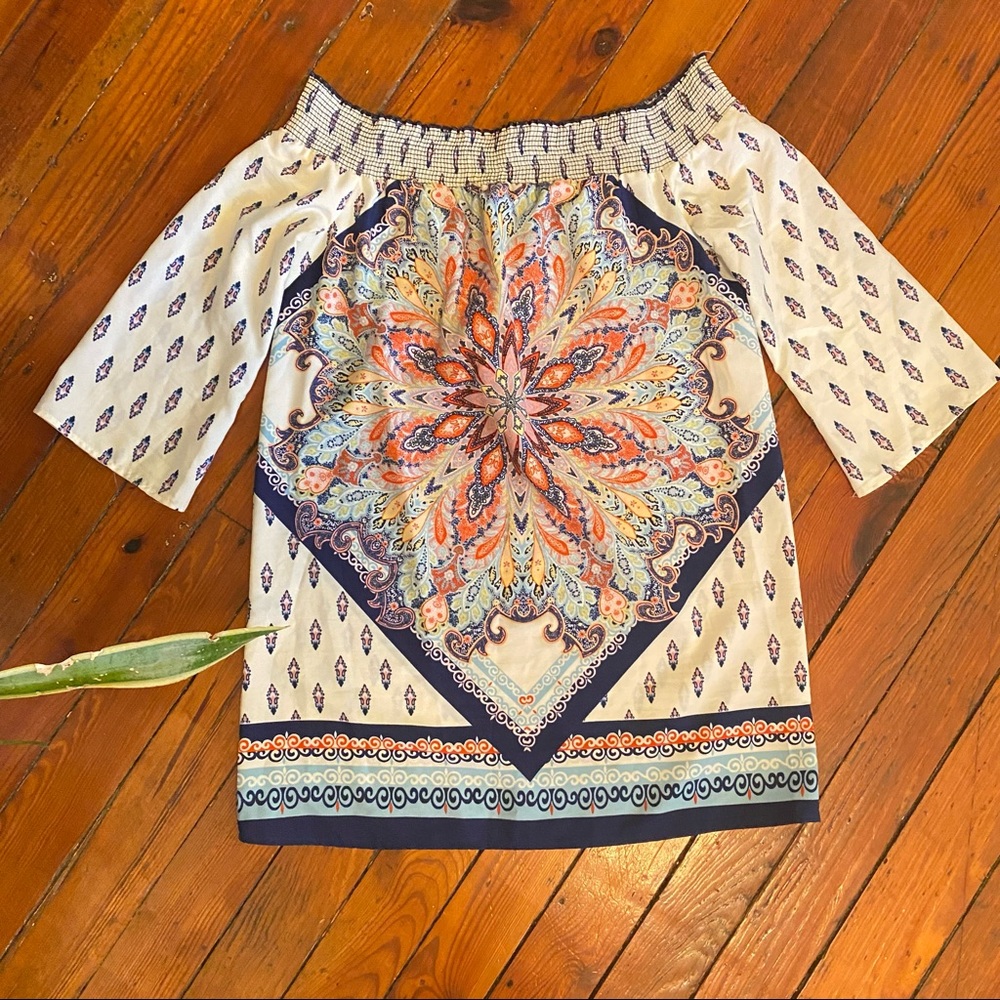 Tunic Blouse Dress Peasant Boho Smocked Neck On/Off Shoulder Size Med